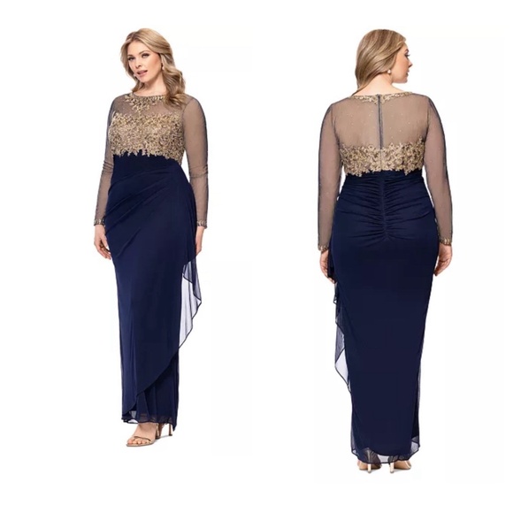 XSCAPE | Noah Illusion Jeweled Embroidered Gown MOB | 18W | Navy/Gold - Picture 1 of 14